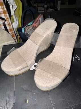 Clear Strap Beige Wedge Slide Sandals
